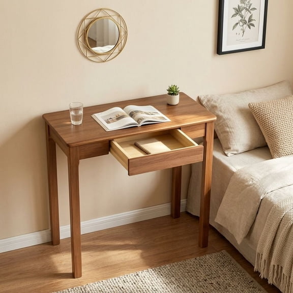 HAOMINS Writing Desk, Modern Solid Wood Computer Desk with Storage Drawer for Bedroom, Small Spaces, Home, Office