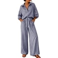 thumbnail image 2 of Ynynloco Womens 2 Piece Outfits Striped 3/4 Sleeve Lapel Shirt High Waisted Wide Leg Pants Lounge Set S-3xl, 2 of 9