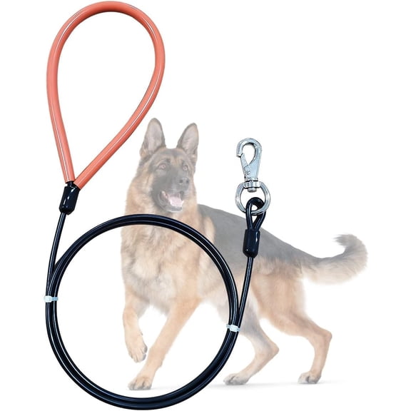 Mi Pupjoy 5FT Anti-Bite Dog Leash,  Heavy Duty Metal Leash for Large Dogs (Up to 250lbs), Water Proof Wire Rope Dog Leashes with Soft Orange Silicone Grip (Black, 5FT)