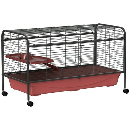 48" L Small Animal Cage, Rabbit Hutch, or Ferret Pet Play House with Feeder, Rolling Wheels, Platform, Ramp