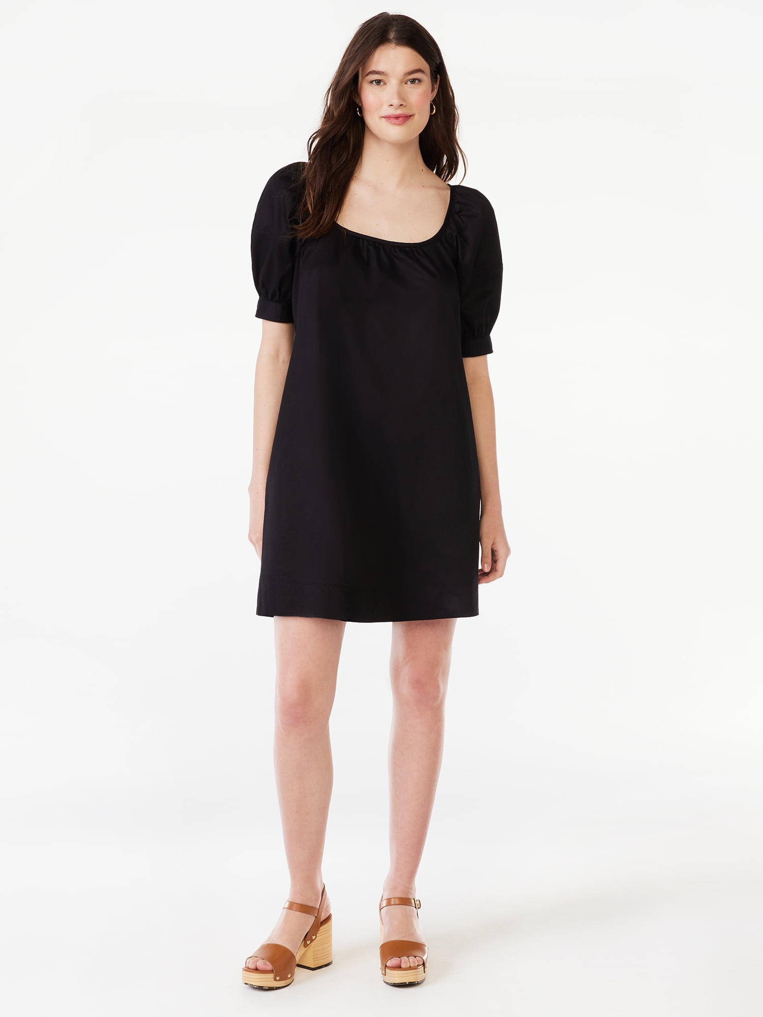 Free Assembly Women's Square Neck Mini Dress with Puff Sleeves