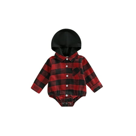 

Bagilaanoe Newborn Baby Boy Hooded Rompers Shirts Plaid Print Long Sleeve Bodysuits 6M 12M 18M 24M Infant Casual One Piece Short Jumpsuit