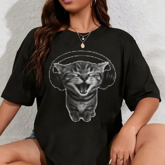 100% Cotton Cute Headphones Cat Funny y2k Grunge Silly Graphic T-Shirt