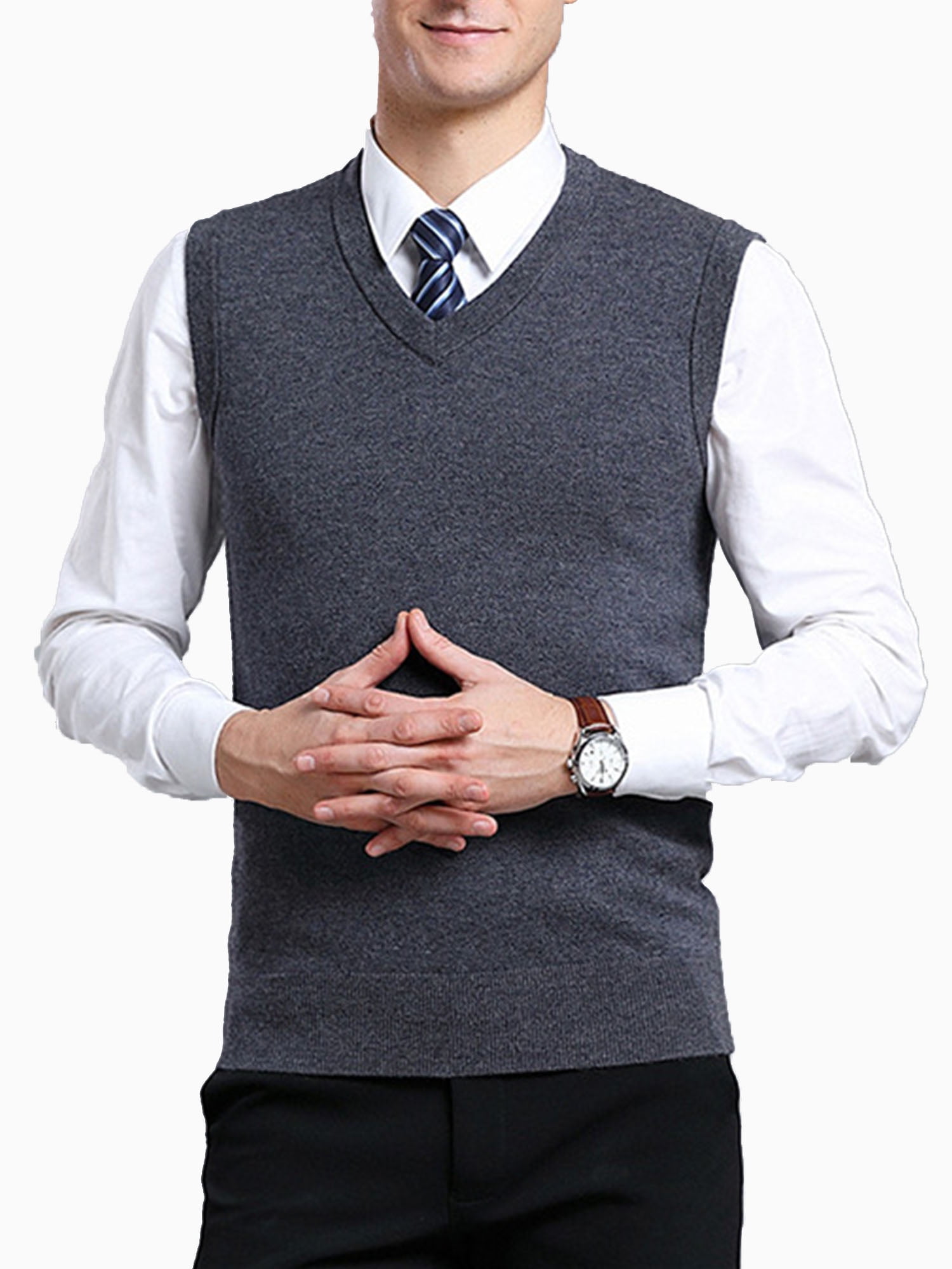 Yong Horse Mens Slim Fit V Neck Sweater Vest Knitted Cotton Sleeveless Casual Mens Sweater Pullover
