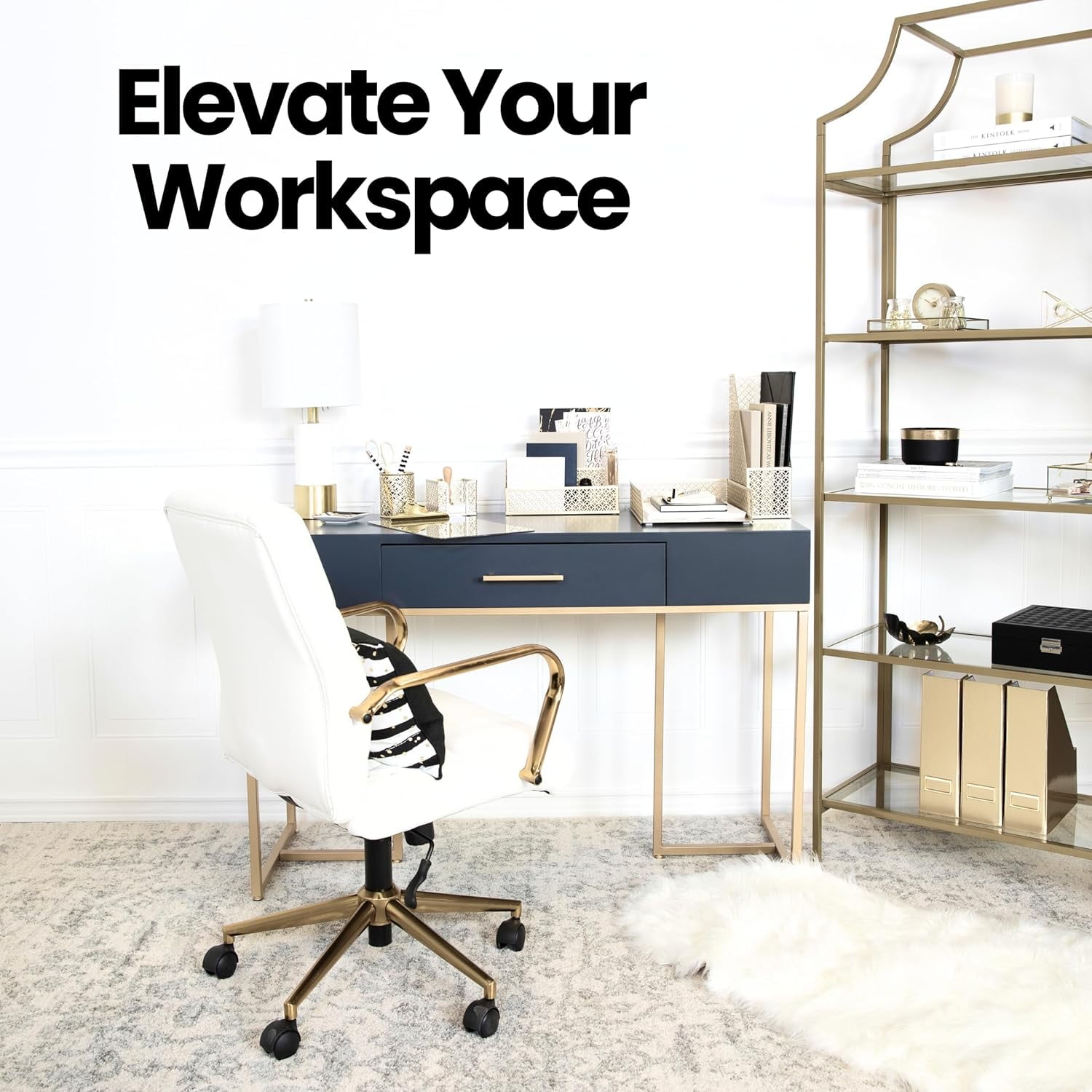 Gold Desk Organizer Set with Mail Sorter, Sticky Note Holder, Pen Cup, Magazine Holder, Letter Tray & Business Card Holder |   Stylish Desk Accessories for Home Office Décor