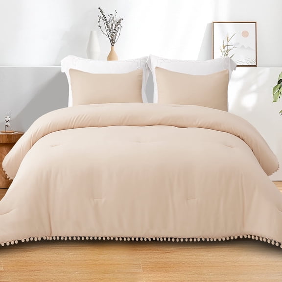 Exclusivo Mezcla Boho Pom Pom Ball Fringe King Size Comforter Set, 3 Pieces Beige Lightweight Down Alternative Bedding Comforter Sets for All Seasons (1 Comforter and 2 Pillowcases)