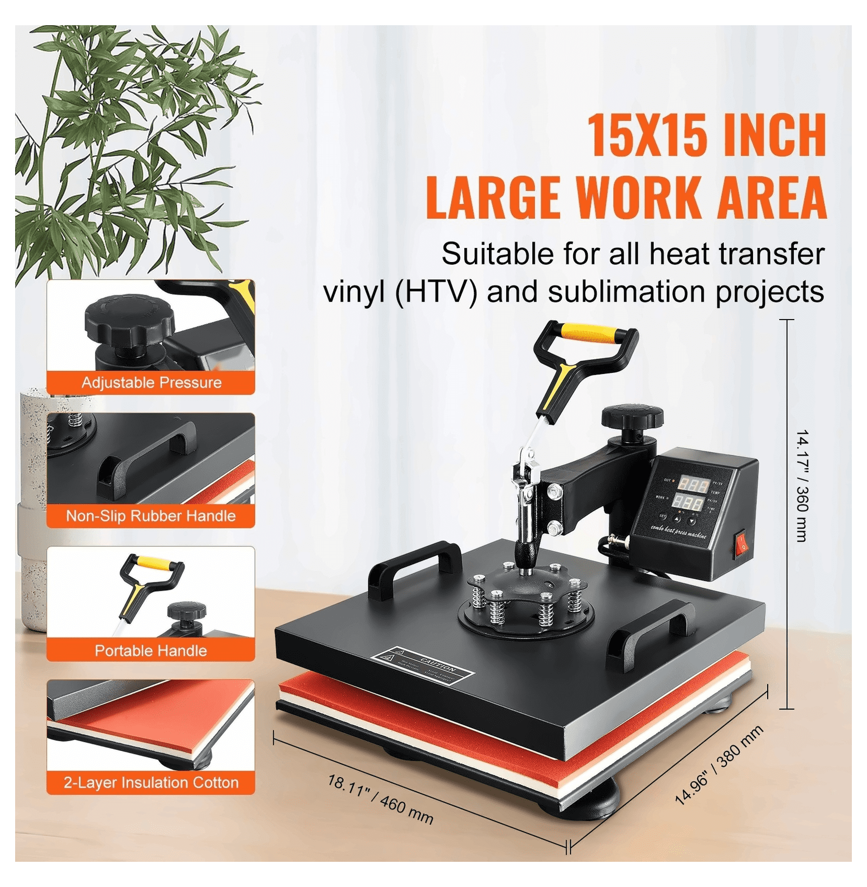 Heat Press Machine 15x15 Inch 8-in-1 Multifunctional Sublimation Heat Transfer Press for T-Shirts, Hats, Mugs, Plates - Digital Control