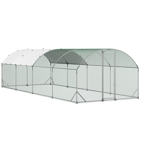 KFFKFF Large Metal Chicken Coop, 9 x 25 x 6.6 ft, Walk-in Poultry Run with Durable Frame & Weatherproof Cover, Dome Roof Cage for Outdoor Use with Chickens, Ducks, Rabbits, and Other Small Animals