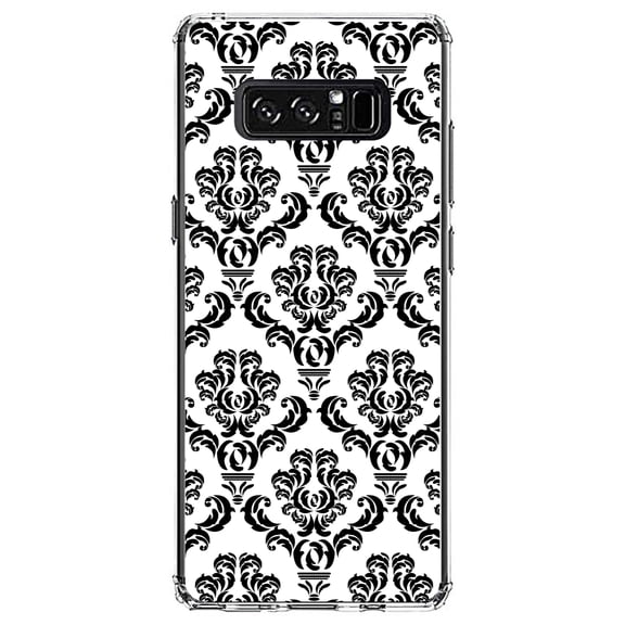 DistinctInk Clear Shockproof Hybrid Case for Samsung Galaxy Note 8 - TPU Bumper, Acrylic Back, Tempered Glass Screen Protector - White Black Damask Pattern - Floral Damask Pattern
