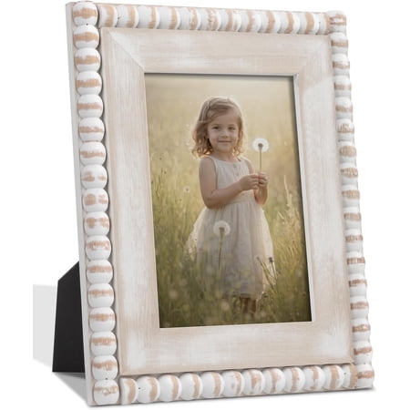 Afuly 8X10 Farmhouse Picture Frame Bohemian White Beads Photo Frame Wooden Worn Wall Mounted Tabletop Vertical Decoration Gift for Family, Couple, Friends