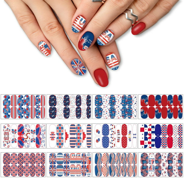 12 Sheets 4th of July Nail Wraps Stickers, Patriotic Nail Polish Strips  Self-Adhesive Full Wraps with 2 pcs Nail Files for Independence Day  American Flag DIY Nail Art Design 