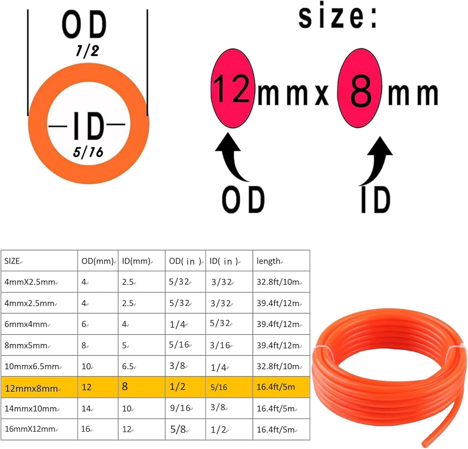 FRKSMD-Pneumatic Tubing Pipe 1/2" OD Orange Air Compressor PU Line Hose Tube for Water Fluid Transfer 5 Meter 16.4ft