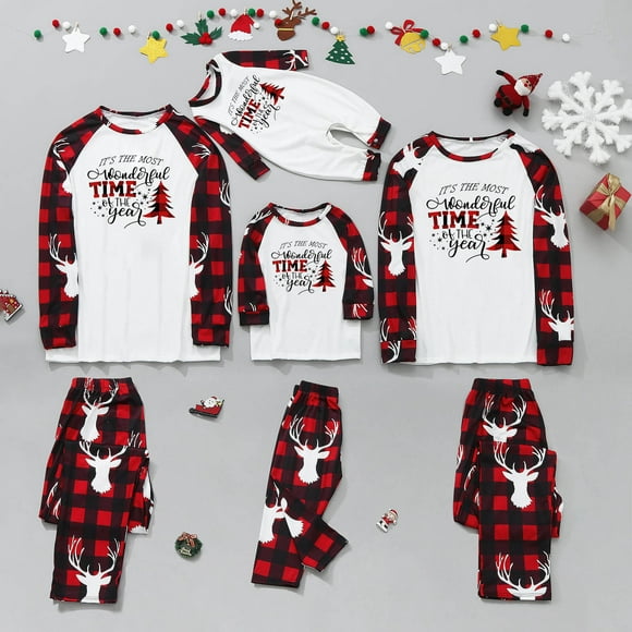 EGNMCR Matching Family Christmas Pajamas Holiday Xmas Sleepwear Set Letter Plaid Print Long Sleeve Tops Xmas Pant Matching Pajamas for Family Merry Christmas Gifts Men Outfit on Clearance