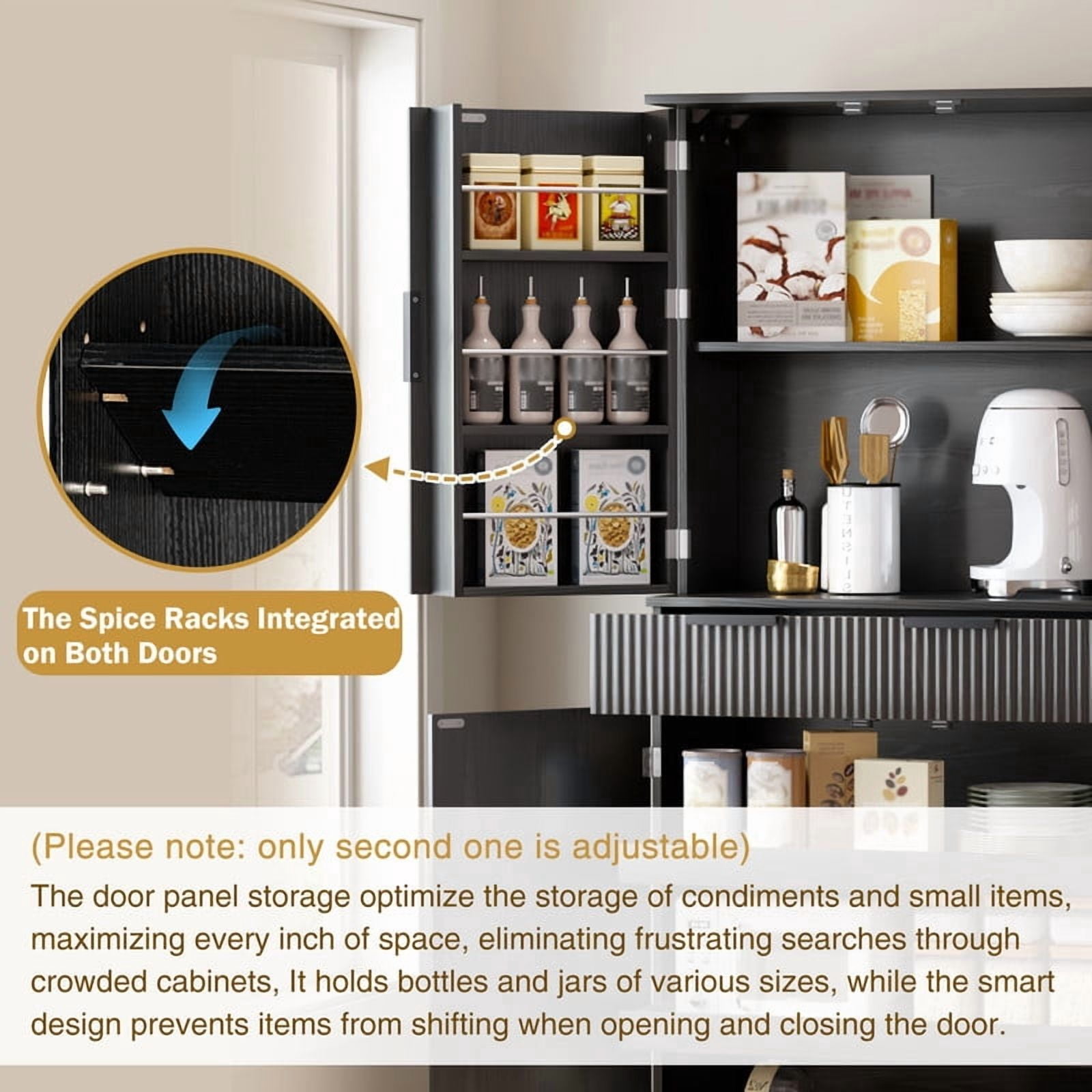 72'' Tall Fluted Kitchen Pantry Hutch with Rack & Drawer, Multi-Functional Storage Cabinet, Freestanding Cupboard Organizer