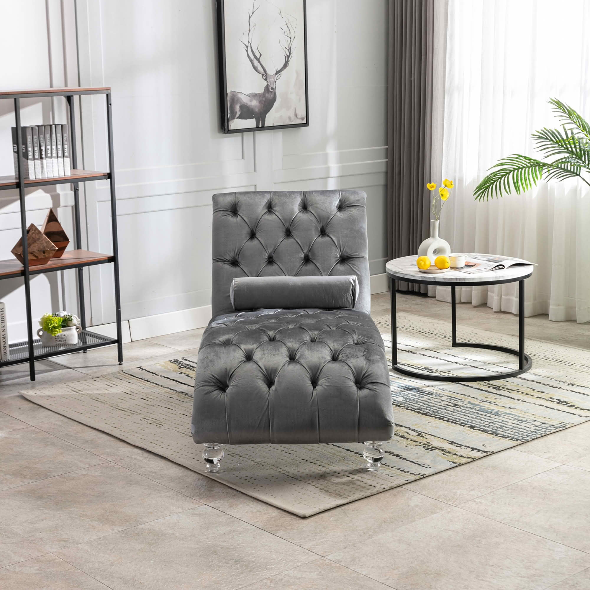 MAYEERTY Velvet Button Tufted Chaise Lounge with Pillow, Ergonomic S-Shape Indoor Lounge Chair with Wood Frame Acrylic Legs for Bedroom Living Room Office