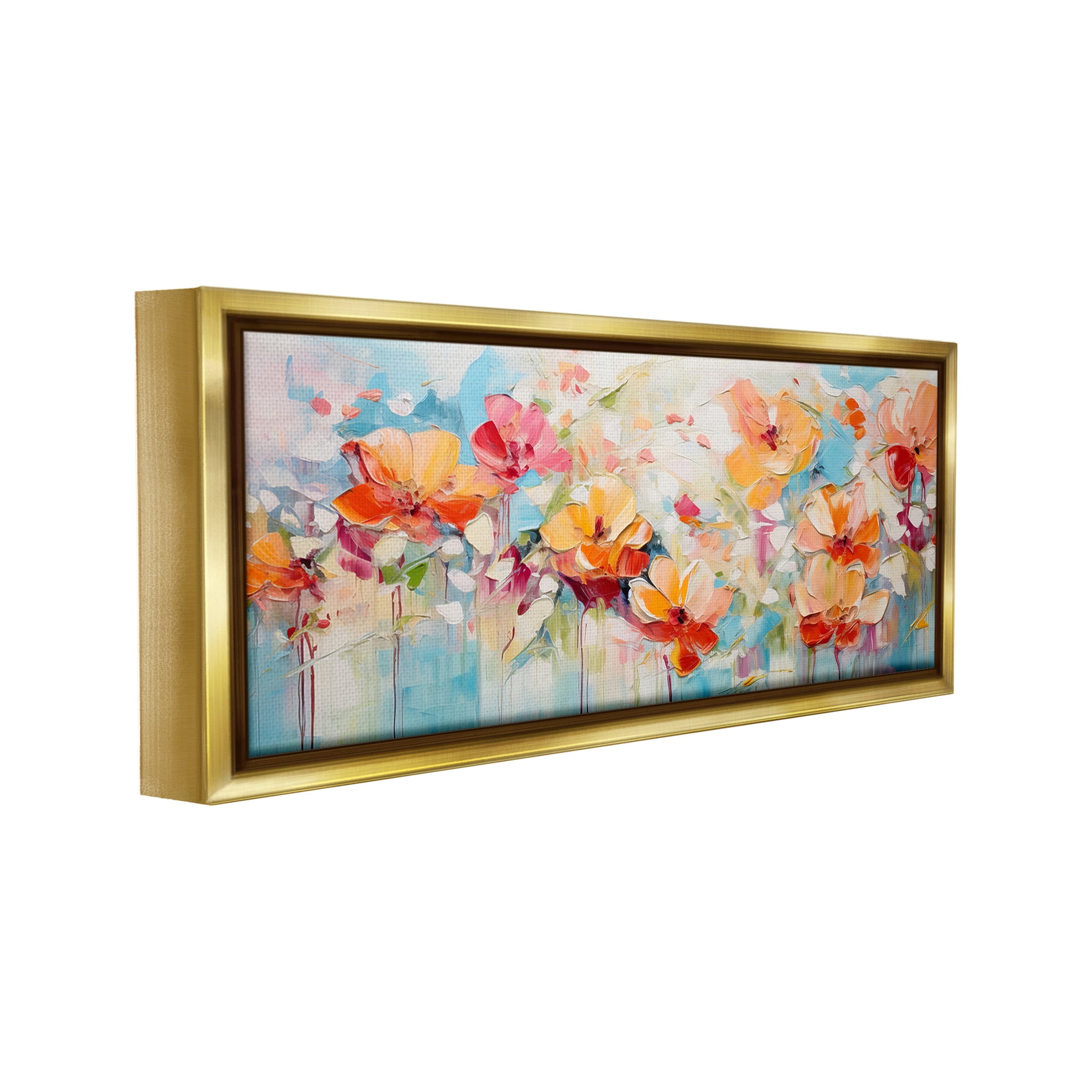 Stupell Industries Flowers with Paint Drip Botanical & Floral Painting Gold Floater Framed Canvas Art Print Wall Art, 31 x 14