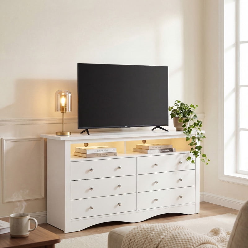 Lacoo 6 Drawer Dresser with Smart RGB LED Lights, Built-in Charging Station, Large Storage Chest of Drawers with Open Shelf