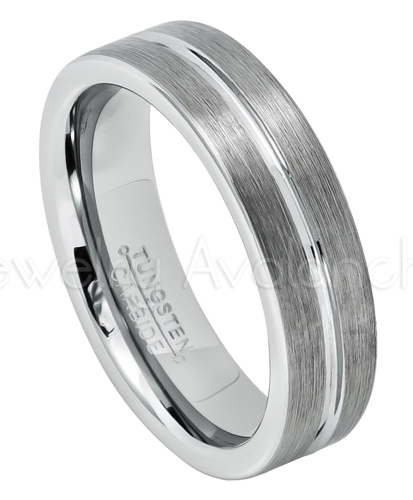 6mm Pipe Cut Tungsten Wedding Band Brushed Finish Grooved Center
