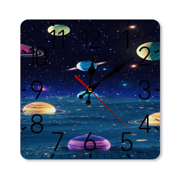 RKSupls 1010inch Square Silent Wall Clock Wooden Frame, Space Planet Ocean Reflection Scale Decorative Clock for Home Bedroom Living Room Office