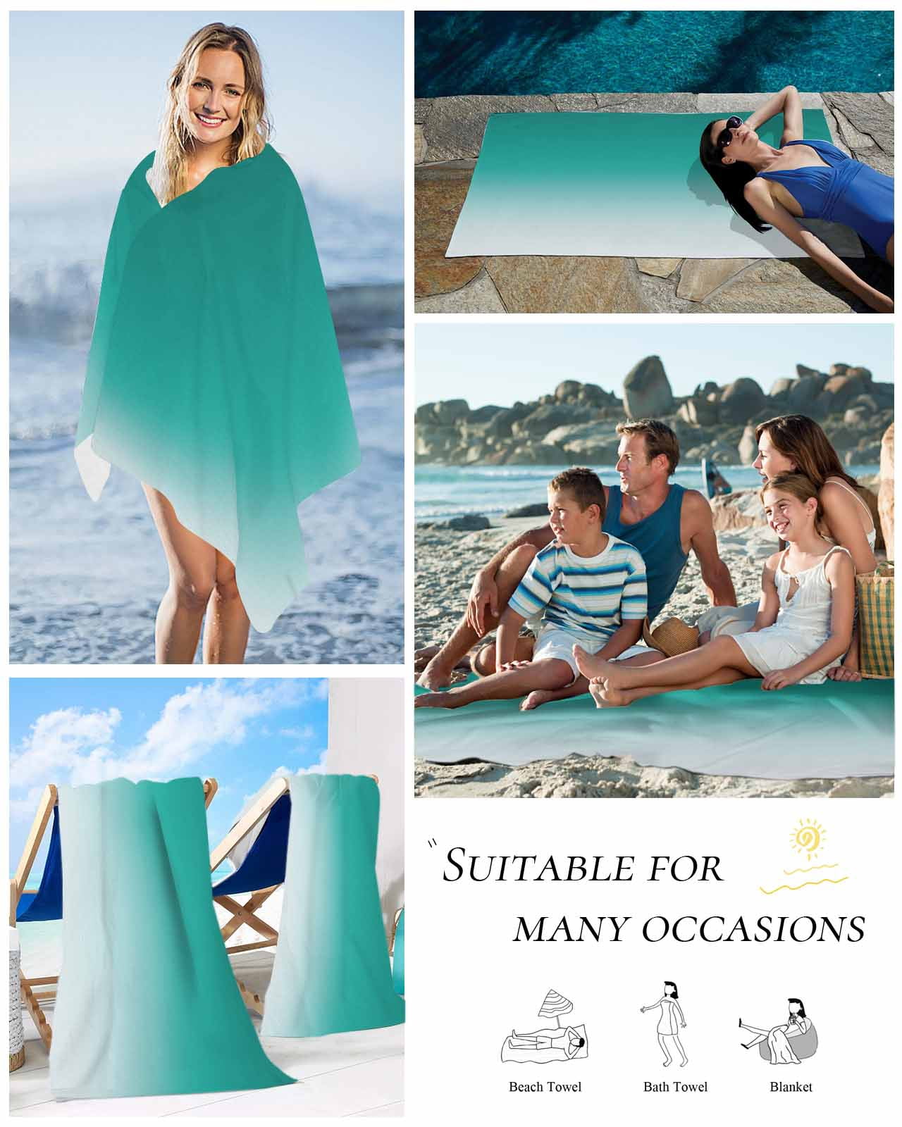 Teal Ombre Beach Towels Oversized Super Absorbent, Turquoise White Gradient Modern Abstract Art Lightweight Bath Towel Quick Dry Sets For Bathroom/Pool/Rv Camping/Beach Play/Gym Room/Picnic 23"x47"