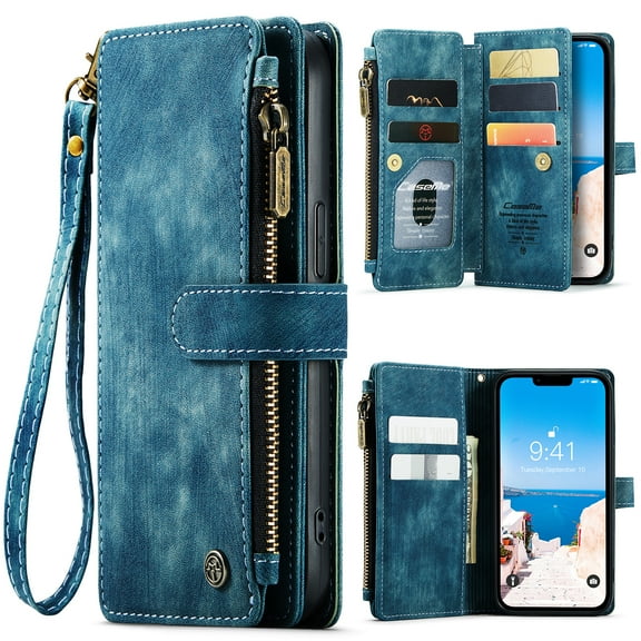 Allytech Wallet Case for iPhone 14 Plus, Card Slots   Cash Slot   Zipper Pocket Large Capacity PU Leather Case with Hand Strap, [All-Round Shockproof] Wireless Charging Kickstand Case, Blue