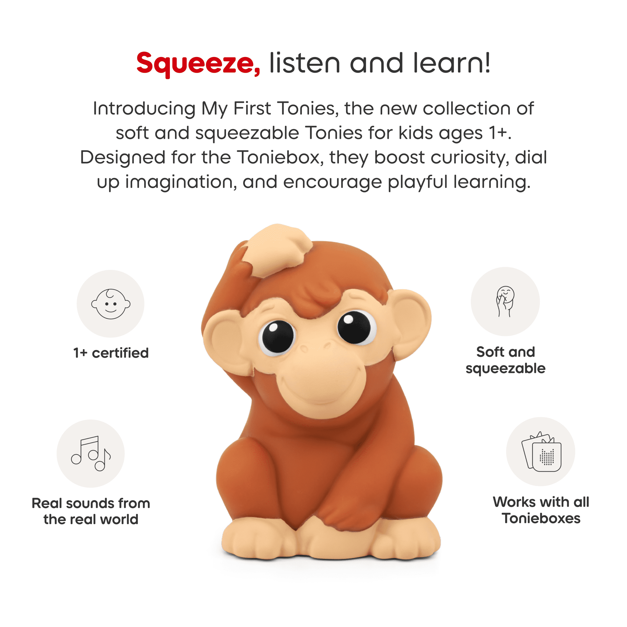 tonies My First Tonies: Jungle Set - Monkey, Parrot and Tiger Soft and Squeezable Audio Toy Figurines, Age Group 1+