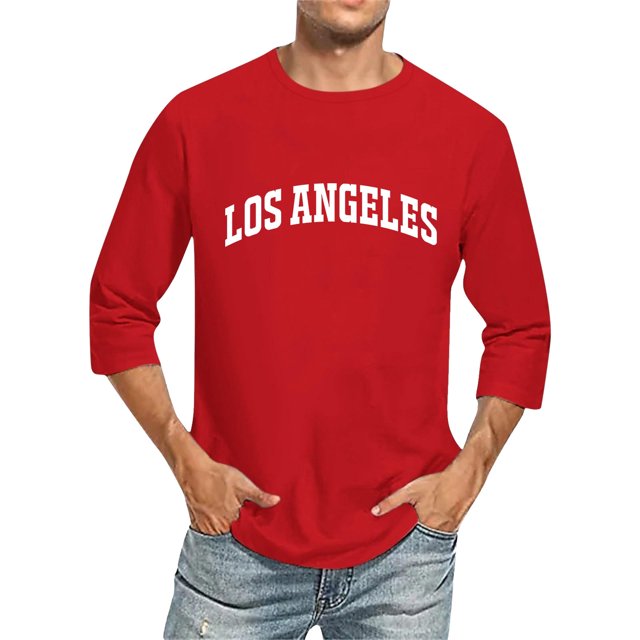 Men's T-Shirts 3/4 Sleeve Letter City Name Comfortable Crewneck Solid Color Fit Red Graphic Fall Tees size S