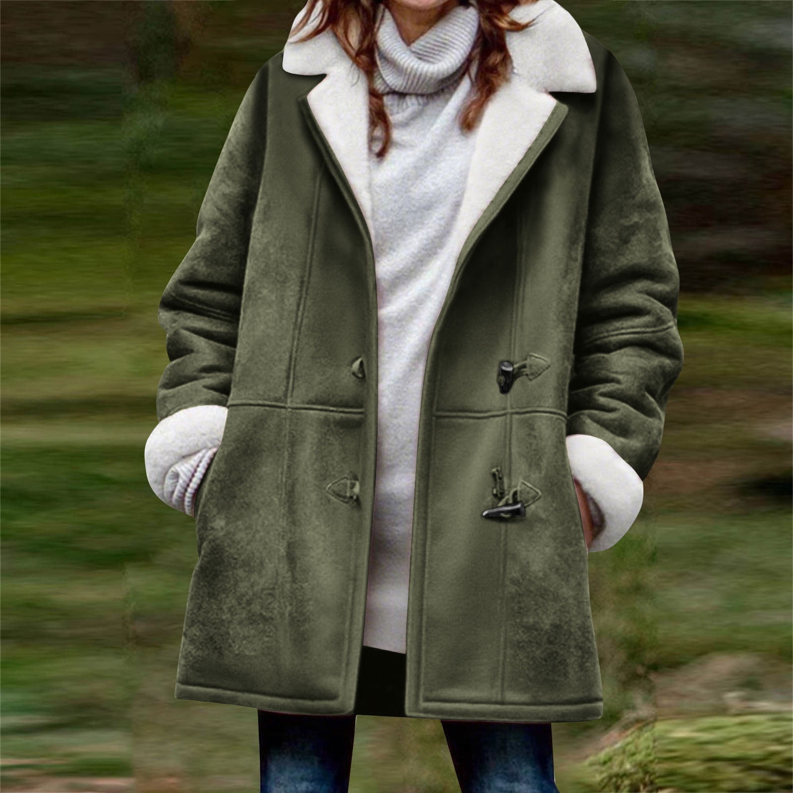 Womens Fleece Lined Jackets No Hood, Notched Collar Long Sleeve Winter Warm Pea Coats with Pockets Toggle Closure
