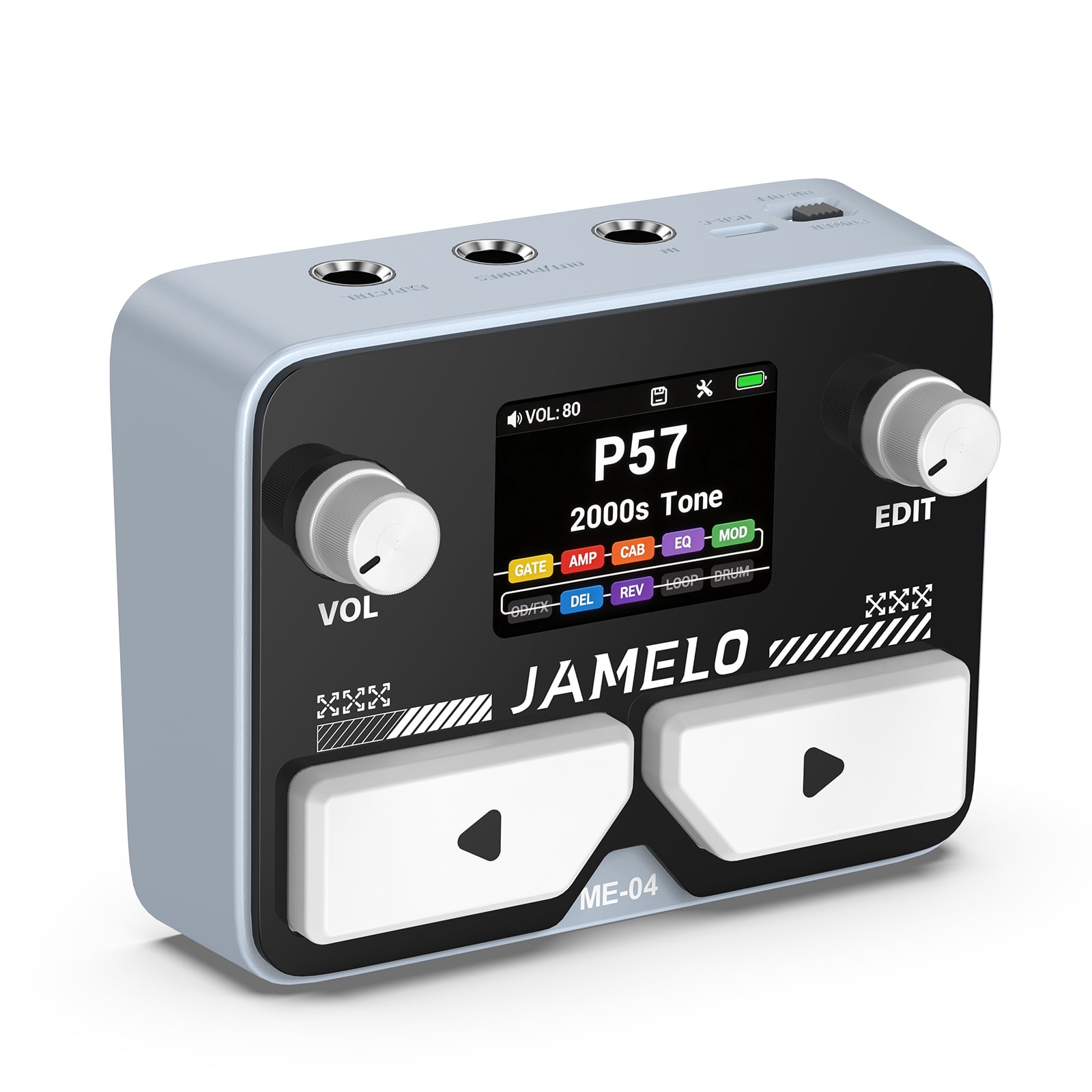 JAMELO Gray ME-04 MINI Pocket Multi-Effects Guitar Pedal with 10 Effects Modules 100 Drum Rhythms and 40-second Stereo Looper 99 Presets 40 Amp/Cab Processor OTG USB Audio Interfac