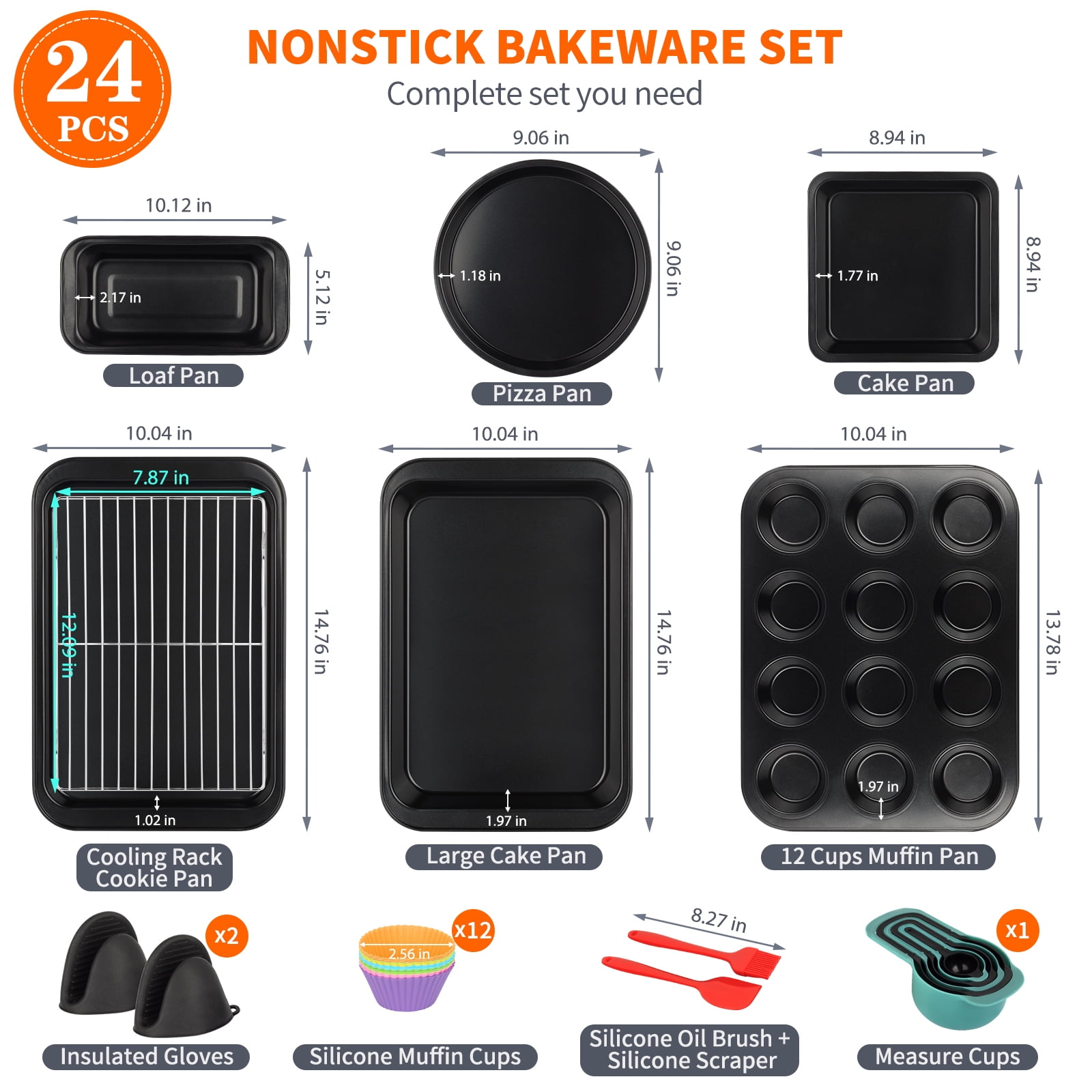 PHANCIR Bakeware Set, 24 Pcs Carbon Steel Non-Stick Baking Pan Set, Baking Sheet for Kitchen, Muffin Pan & Cookie Sheet & Cake Pan, Stackable Design for Storage, Easy to Clean, Black