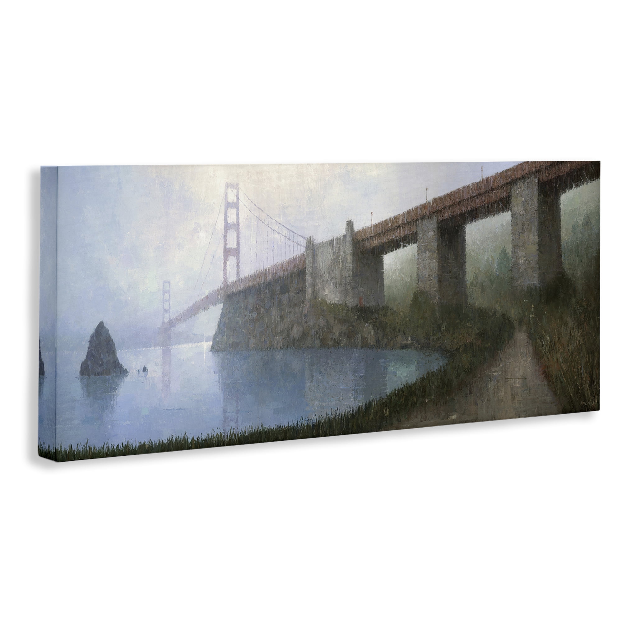 Stupell Industries Bridge over Misty Waters Buildings & Architecture Painting Wrapped Canvas Art Print Wall Art, 24 x 10