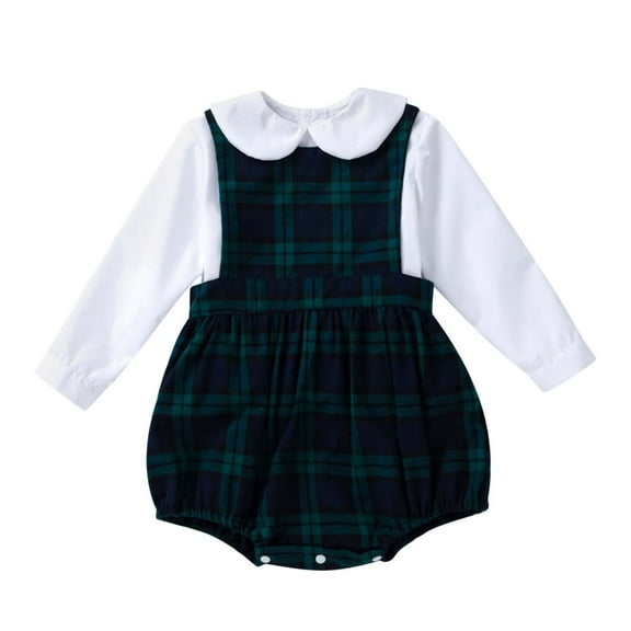 TAIAOJING Baby Girl Fall Outfits Toddler Girls Long Sleeve Solid Color Shirt Sleeveless Plaid Romper 2PC Children's Suit Kids Clothes 6-12 Months
