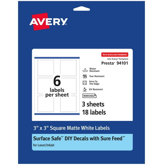 Avery Durable Removable Square Labels, 3" x 3", 18 Labels