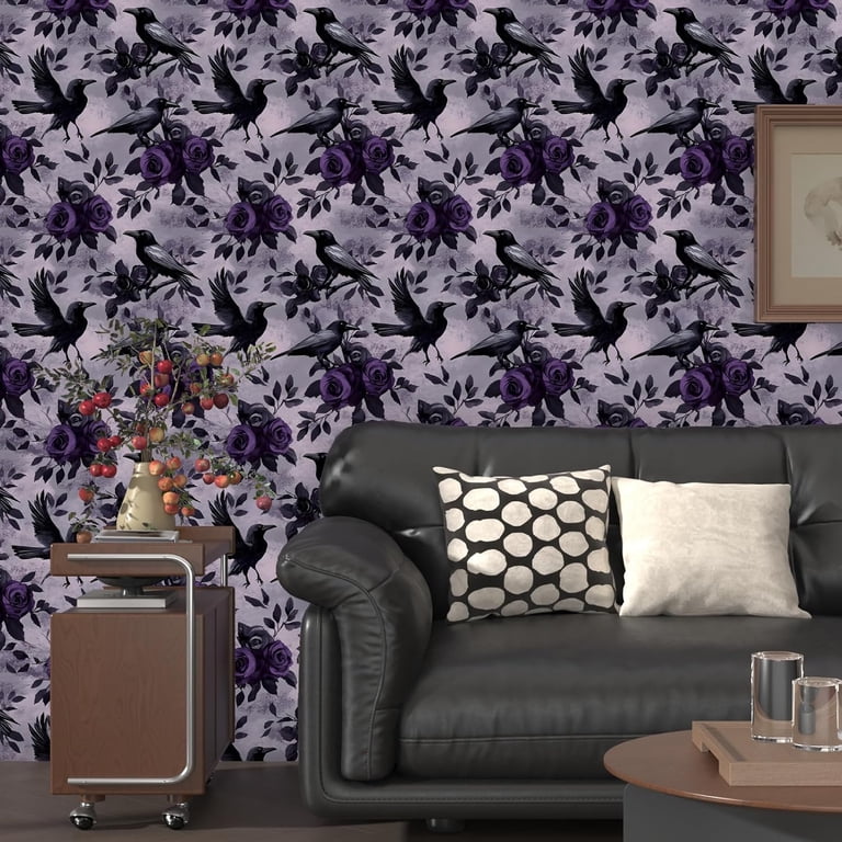 Fvlow Vintage Gothic Crow & Iris Peel And Stick Wallpaper – Teal Purple Removable Contact Paper, 17.4" X 118" Roll