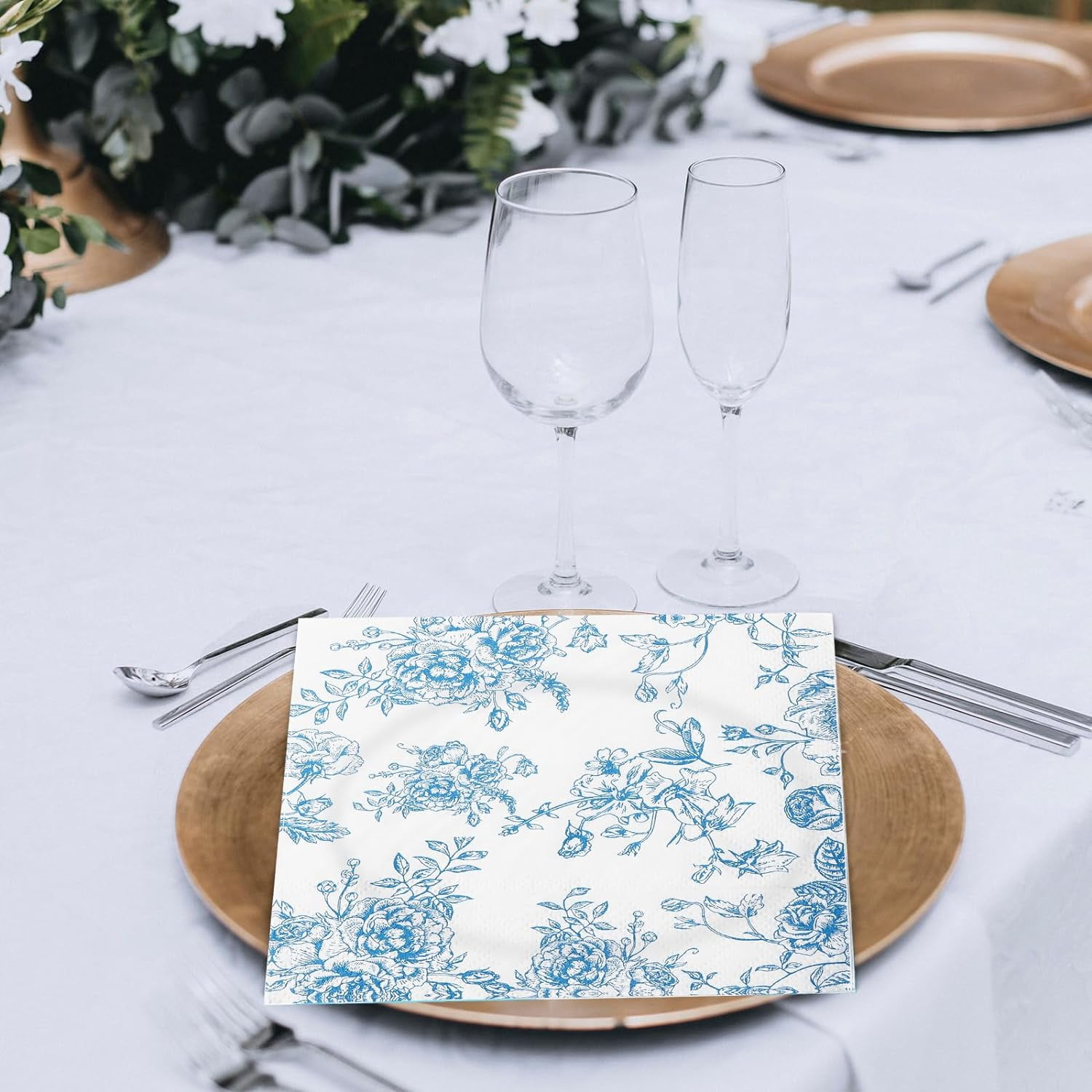 100 Pack Blue Floral Cocktail Napkins, Guest Hand Towels Disposable for Bathroom, Blue Floral Paper Napkins for Bridal and Baby Shower, Tea Party, Garden Party, Birthday Party