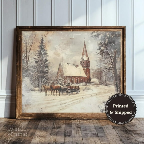 Vintage Winter Church Art Print Rustic Snowy Landscape Seasonal Poster UNFRAMED Poster, Wall Art for Decor, Present, 8x12