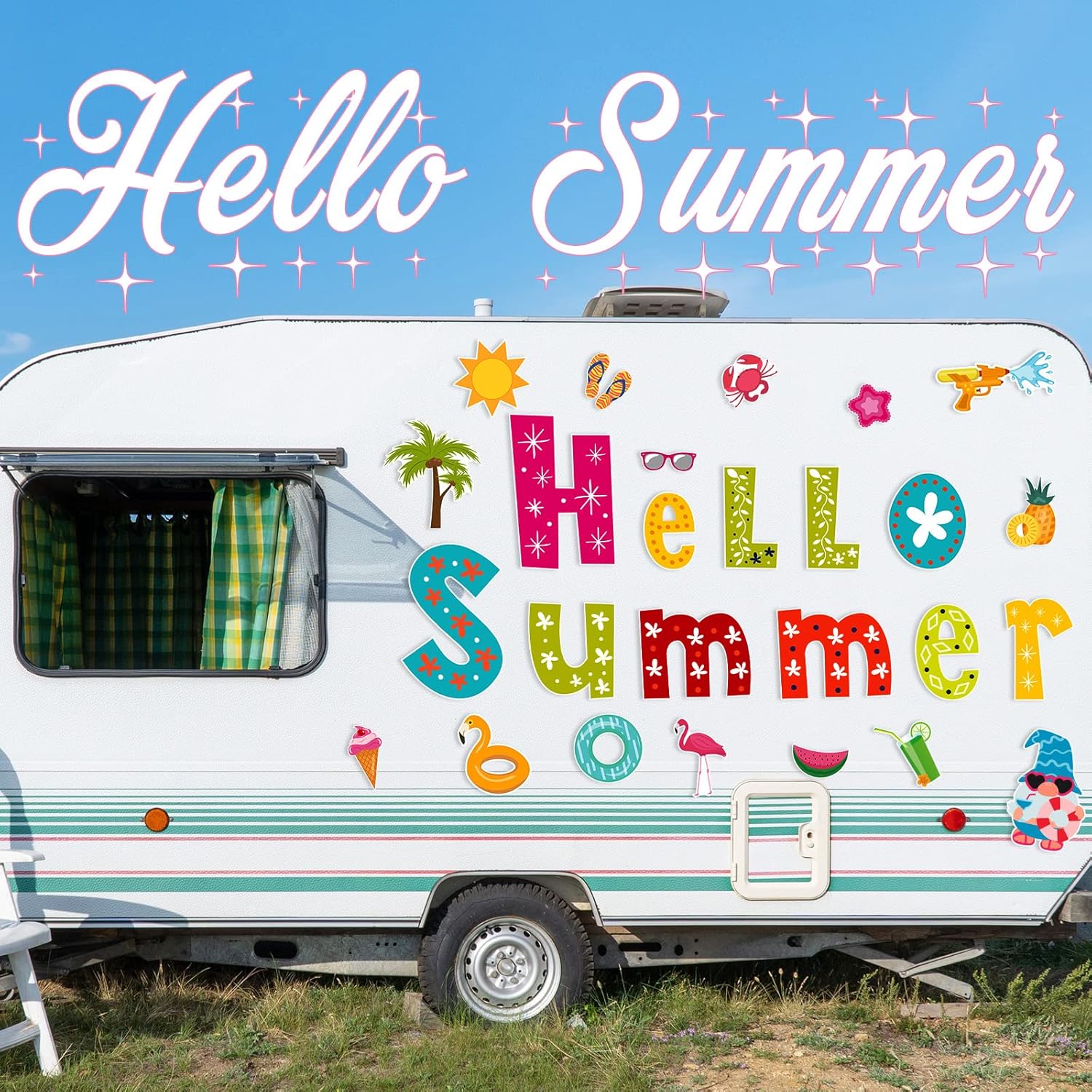 GBBG 26 Pieces Summer Garage Door Decorations Magnets Hello Summer Garage Magnetic Stickers Sun Watermelon Refrigerator Car Decals Decor Holiday Magnets for Car Decor