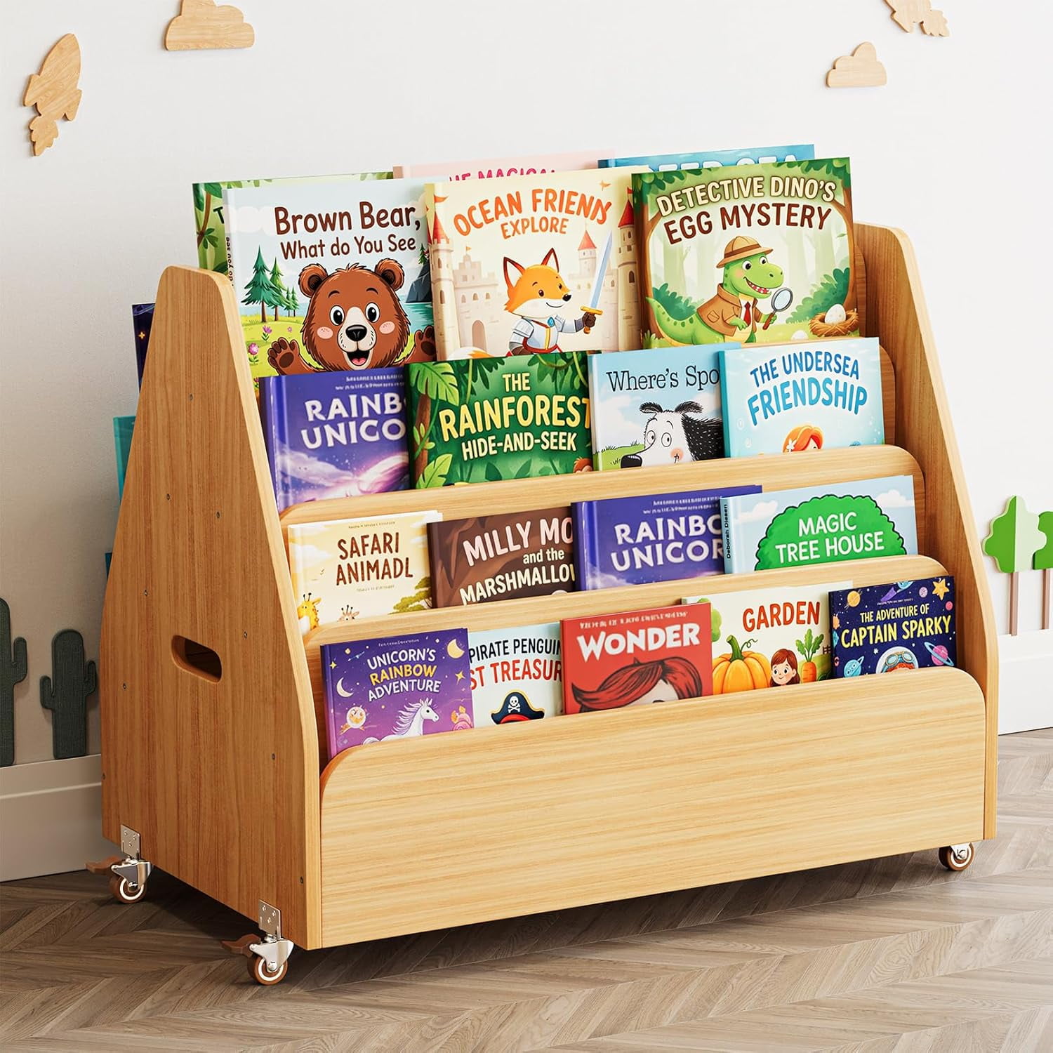 Double-Sided Mobile Bookshelf, Montessori Bookcase for Toddlers, Wooden Book Storage Organizer Shelf Furniture for Kids Rooms, Playroom, Nursery and Classroom, 29.5“ Wide 4-Tier, Natural