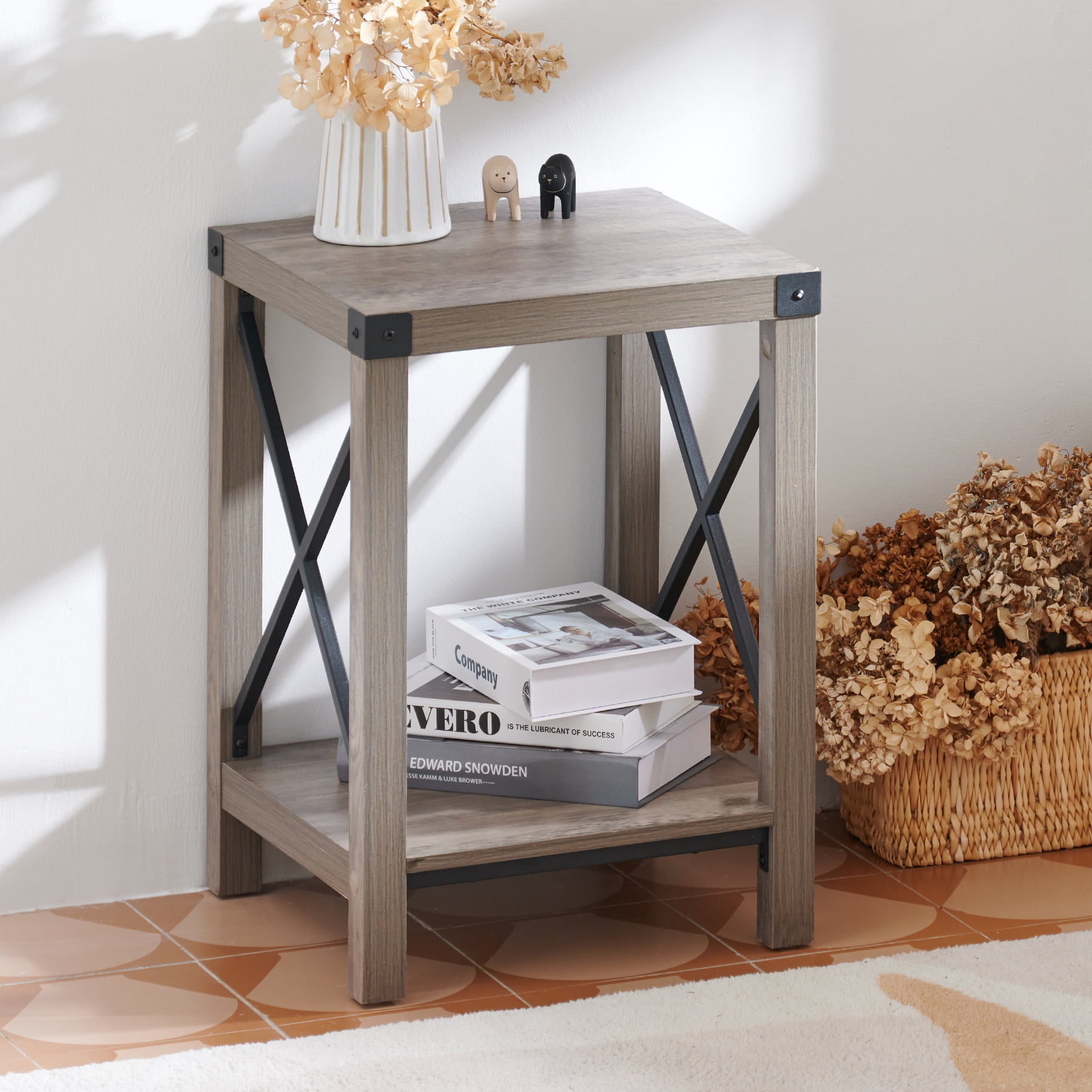 Bestco Side Table 16" Farmhouse End Table Nightstand w Shelf & Metal Frames, Driftwood