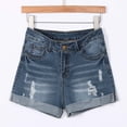 thumbnail image 4 of FAVIPT Women's Casual Mid Rise Denim Shorts Ripped Folded Hem Stretchy Distressed Shorts Blue,2XL, 4 of 8