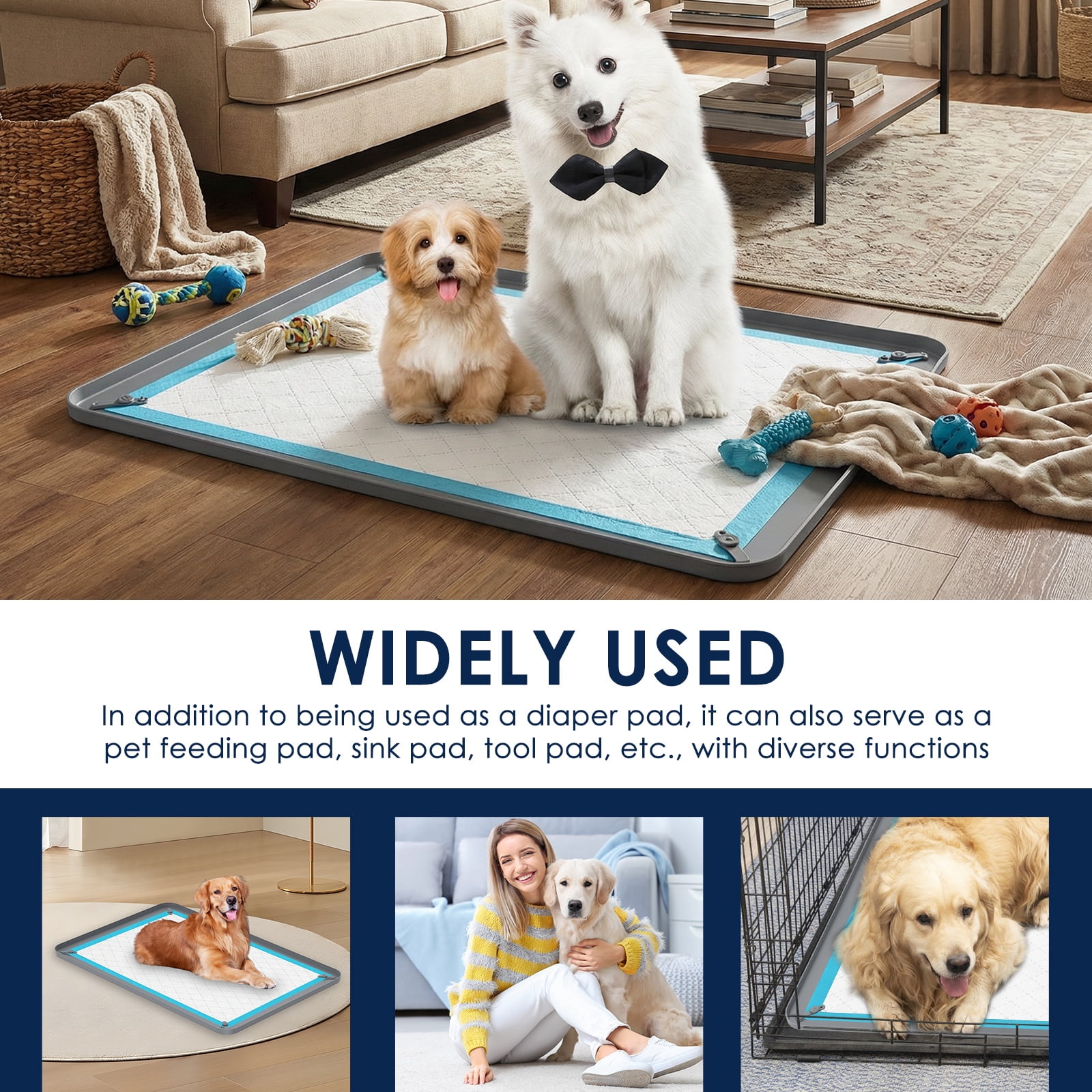 Pee Pad Tray Holder for Dogs - Fits Up to 36.3x25.28 in. Square Potty Training Pads No Spill Raised Lip High Edge Silicone Mat, Extra Thick and Non-Slip for Indoor Floor Protection (L, Grey)