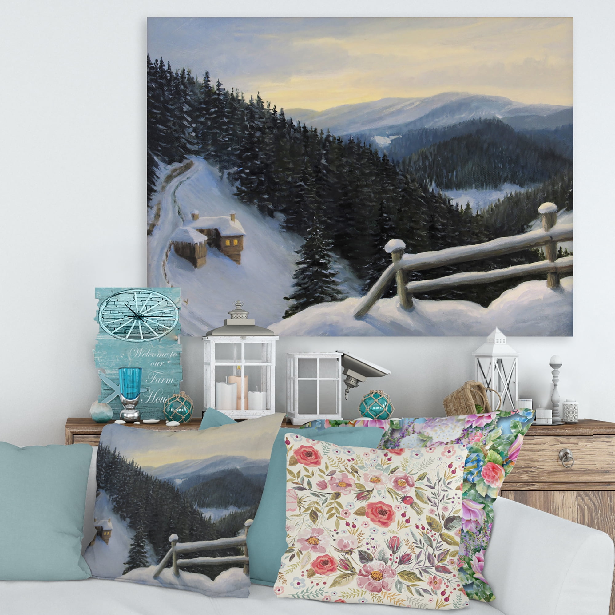 Designart ' View On Snowy Mountain Tops At Evening Glow ' Traditional Canvas Wall Art Print