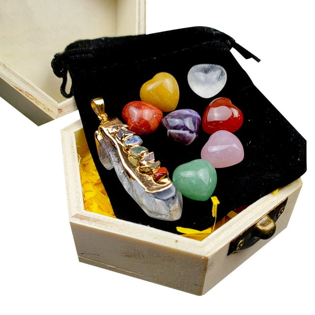 CEHVOM Natural Colorful Crystal Agate Love Small Ornaments Irregular Pendant Gift Box Wooden Box Set Clearance