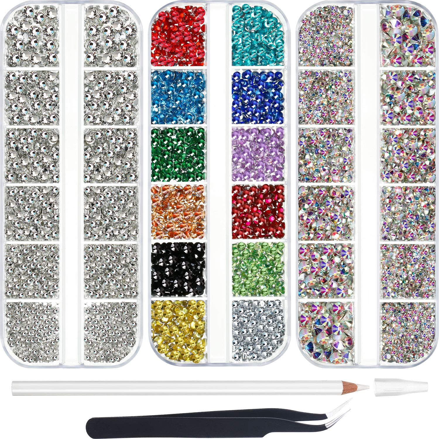 9000 Pieces Hotfix Rhinestone Clear AB 6 Sizes 12 Colors Flatback Round Glass Gemstone Crystal Iron On Rhinestones Glass Stones with Tweezers and 1 Picking Pen for DIY Manicure Face Art Clothes Bags 
