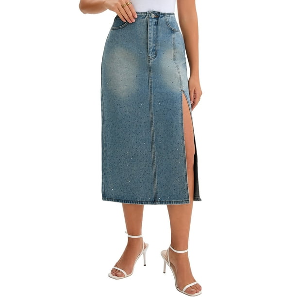 Falda de mezclilla para mujer INSPIRE CHIC, falda de lápiz elástica con abertura lateral, corte en A, cintura alta, falda de jeans XL azul grisáceo