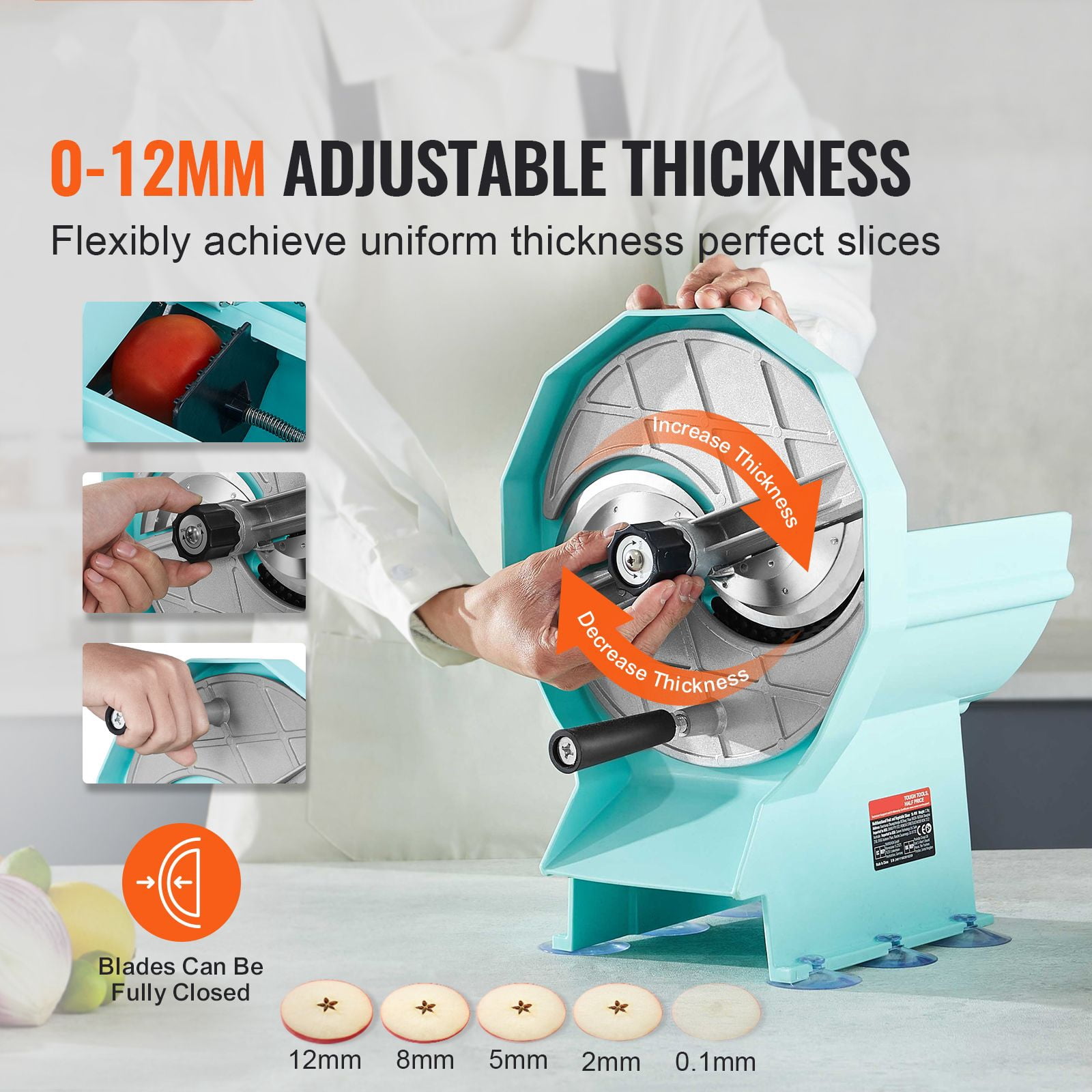 Manual Vegetable Slicer, Adjustable 0-0.5" Thickness, Stainless Steel Blades, Dual Feed Chutes, 6 Suction Cups, Commercial Grade, for Fruits, Vegetables & Cheese