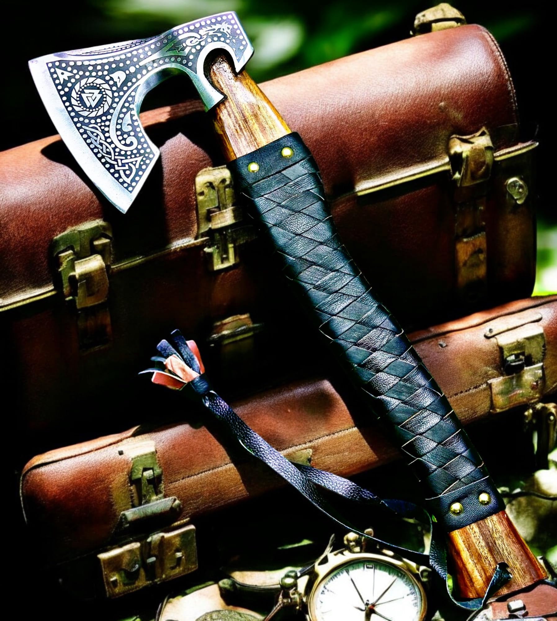 Poshland AX-7000 Handmade Camping Hatchet with Wooden Handle, Carbon Steel Outdoor Chopping Tool with Leather Sheath (22”)
