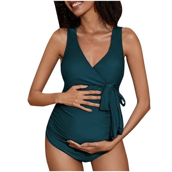 Elainilye Fashion Womens Swimsuits Maternity One-piece Swimsuit Comfortable Sexy V-Neck Short Sleeve Fold Swimwear,Green