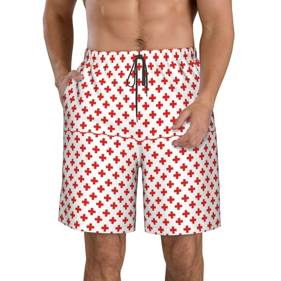 KLL Red Cross Men's Casual Summer Beach Shorts Hawaiian Shorts with Pockets-X-Large
