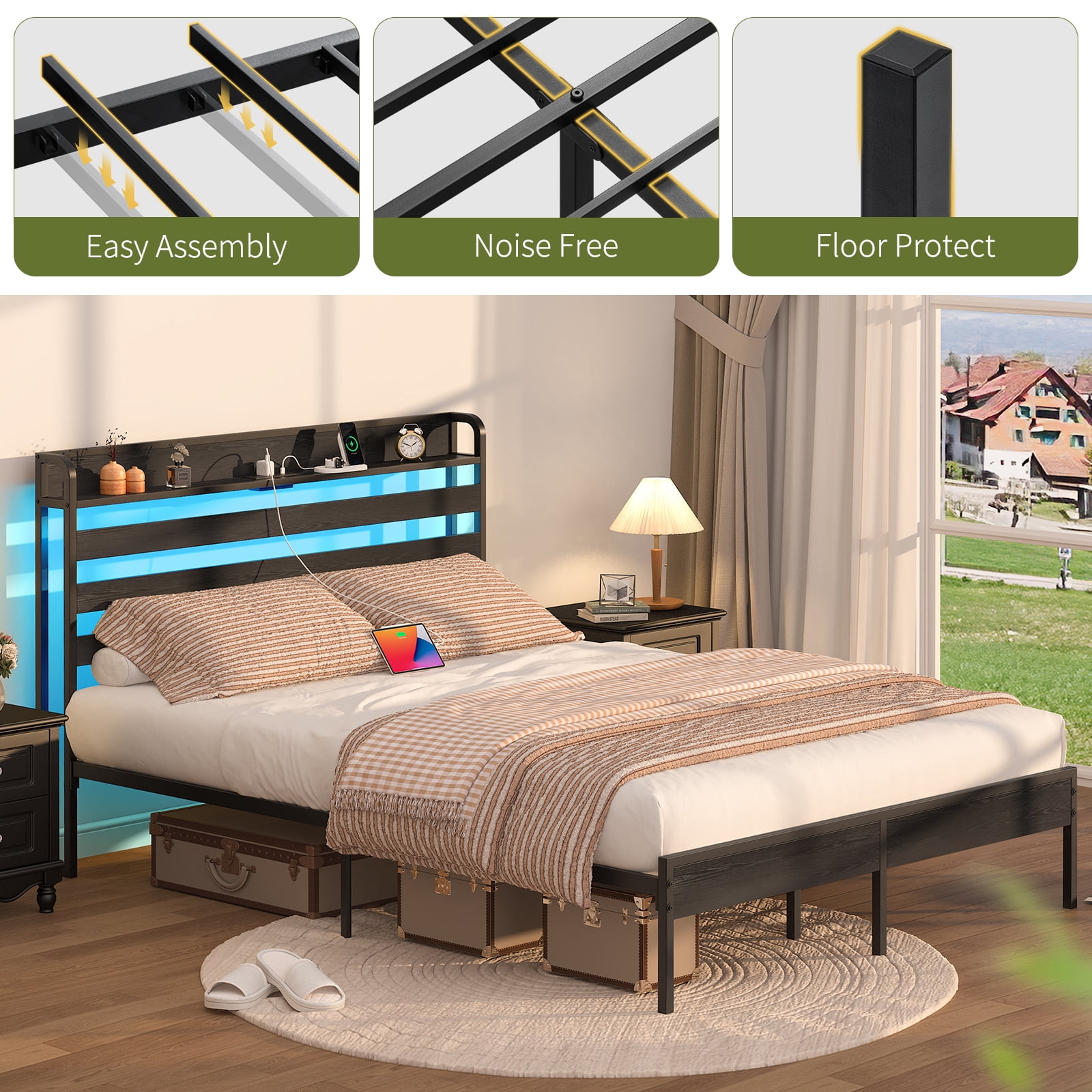 Yoobure Queen Bed Frame with USB Port&LED ,Standard Queen Size Bed Frame with Headboard,Black